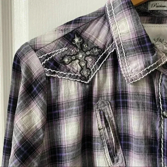 ROAR Western Button Front Shirt Joeley Purple Plaid Rhinestone Size XL - Picture 8 of 16